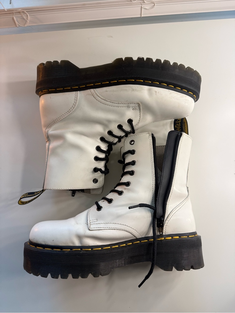 Dr. Martens White Leather Platform Combat Boots with Yellow Welt Stitching